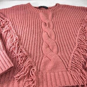 B Flawless 3X Pink Fringe Sleeve Cable Knit Sweater Pullover Plus Size Soft Cozy